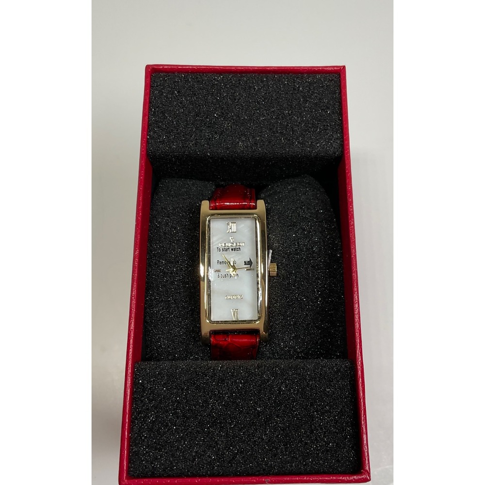 Peugeot 3017 Womens Gold Tank Watch Mother of Pearl Dial Red Leather Strap New